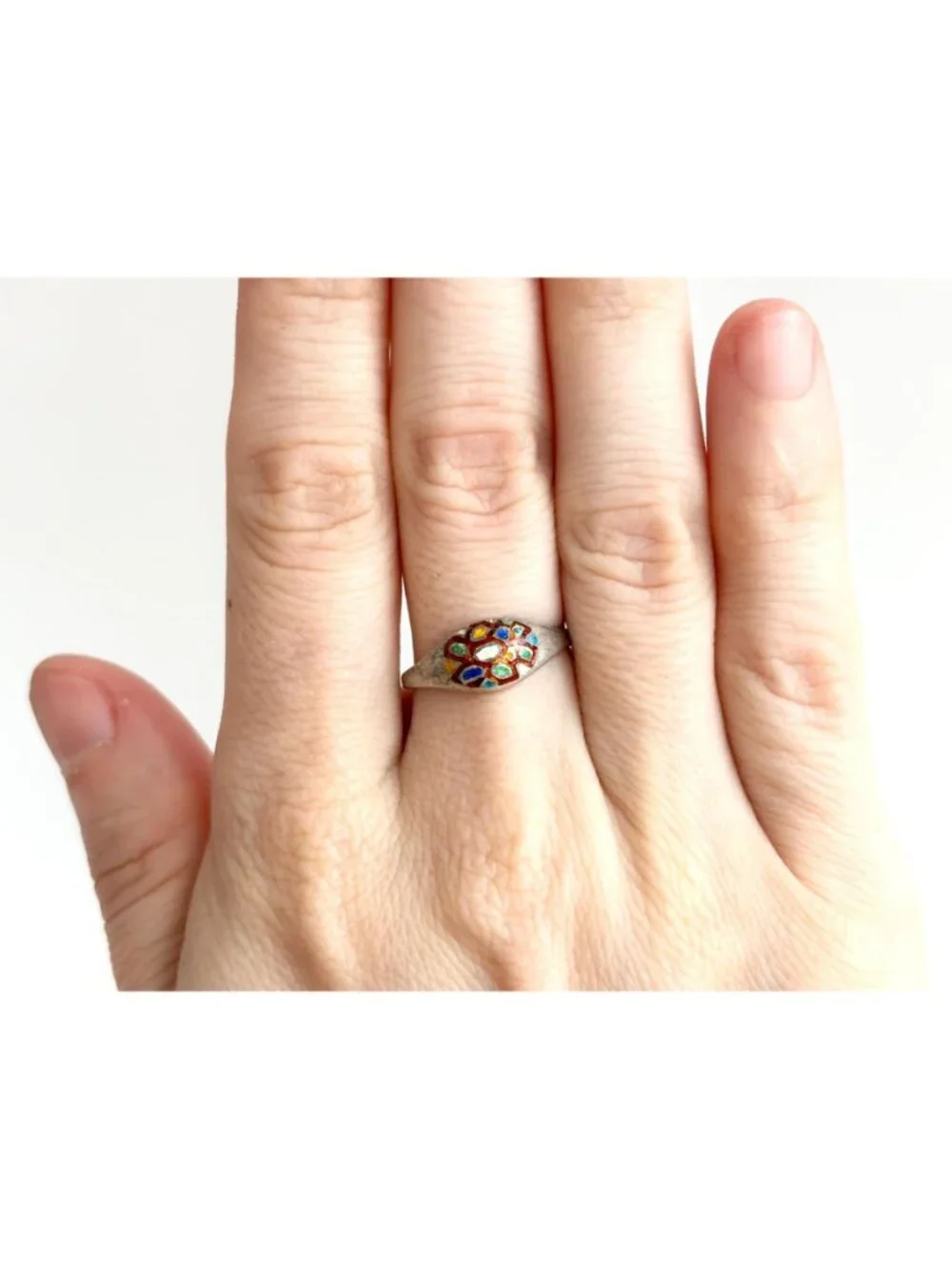 Patchwork Enameled Domed Thailand Made Sterling Silver 925 Vintage Ring - sz 7